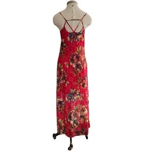 FIRE Los Angeles Size Medium Maxi Dress Red Floral Lace Sleeveless Spag Straps